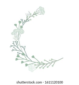 Semicircular frame with plants, branches and grass. Tender round flat hand drawn border. Vector circle lagoon element for greeting cards, invitation cards and your design.