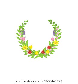 Semicircular frame of spring flowers isolated on white background. Stock vector illustration for decoration and design, packaging, Easter, cards, banners, posters, web pages, invitations and more.