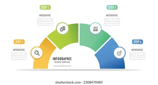 Semicircular infographic template or element with 4 step, process, option, colorful 3D circle, button, paper origami, label, icons, cycle, minimal, modern style for sale slide, flowchart, workflow