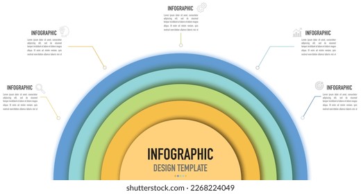 Plantilla o elemento infográfico semicírculo como vector con 5 capas y forma de color en semicírculo sobre fondo blanco con iconos para presentación, arco iris 3D, corte de papel, plano, estilo mínimo