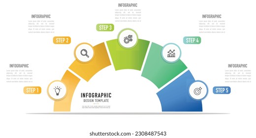 Plantilla o elemento infográfico semicírico con 5 piezas, paso, proceso, opción, círculo 3D colorido, botón, origami de papel, etiqueta, iconos, diapositiva de estilo mínimo, moderno, diagrama de flujo, flujo de trabajo