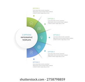 Semicircular infographic template with five options, segmented layout and icons, suitable for business presentation, workflow and strategic planning