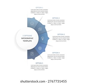Semicircular infographic template with five options, segmented layout and icons