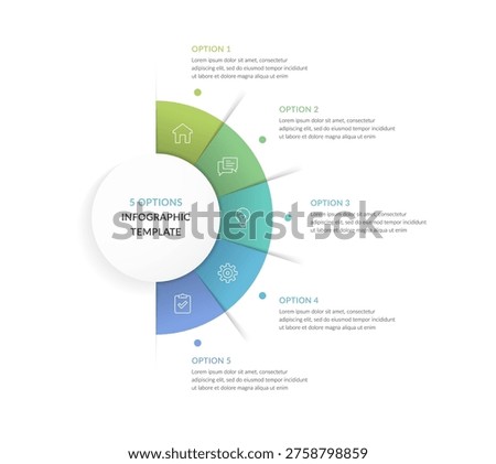Semicircular infographic template with five options, segmented layout and icons, suitable for business presentation, workflow and strategic planning