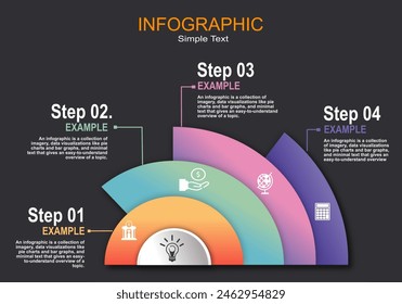 Vector infográfico semicircular con 4 niveles para mostrar descripciones, espacio para texto sobre fondo gris-negro para presentaciones, informes financieros, gestión, educación, planificación, líneas de tiempo.