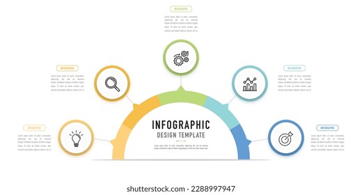 Plantilla o elemento infográfico de mapa mental semicircular con 5 pasos, proceso, opción, círculo 3D colorido, etiqueta, botón, origami de papel, circular, iconos, diapositiva de línea delgada para la venta, diagrama de flujo, folleto, web
