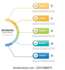 Semicircular mind map infographic template or element with 5 step, process, option, colorful 3D rectangle, rectangular, thin line, icons, paper origami, circle for sale slide, flowchart, workflow, web