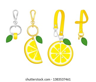 semicircular Orange key chain/ bag charm set, Orange slice tag with strap, vector illustration sketch template