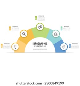 Semicircular paper origami infographic template or element with 5 step, process, option, colorful 3D circle, button, label, icons, rectangle, bar, flat for sale slide, brochure, flowchart, workflow