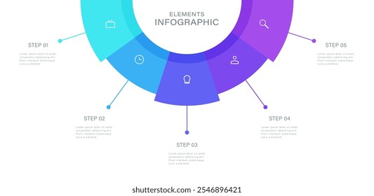 Semicircular pie chart. Concept of five features of startup project to select. Infographic vector illustration for business information visualization.