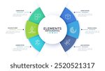 Semicircular pie chart divided into 6 colorful sectors. Concept of six features of startup project to select. Minimal flat infographic vector illustration for business information visualization.