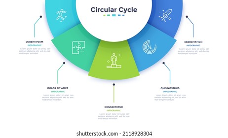 Semicircular pie chart divided into 5 colorful sectors. Concept of five features of startup project to select. Minimal flat infographic vector illustration for business information visualization.