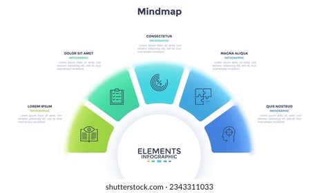 Gráfico circular semicircular dividido en 5 sectores coloridos. Concepto de cinco características del proyecto de inicio a seleccionar. Ilustración vectorial de infografía plana mínima para la visualización de la información empresarial.