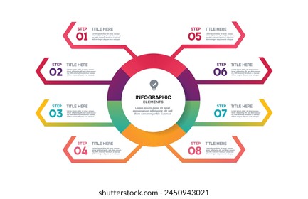 Semicircular pie chart divided into 8 colorful sectors. Concept of eight features of startup project to select. Minimal flat infographic vector illustration for business information visualization.