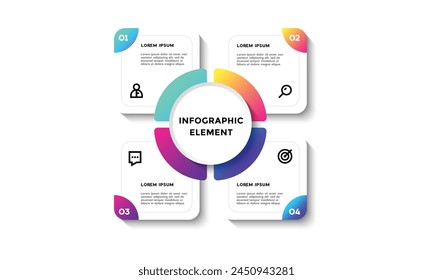 Gráfico circular semicircular dividido en 4 sectores coloridos. Concepto de cuatro características del proyecto de inicio a seleccionar. Ilustración vectorial infográfica plana mínima para la visualización de información empresarial.