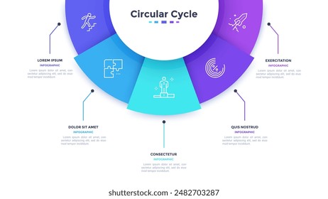 Semicircular pie chart divided into 5 colorful sectors. Concept of five features of startup project to select. Minimal flat infographic vector illustration for business information visualization.