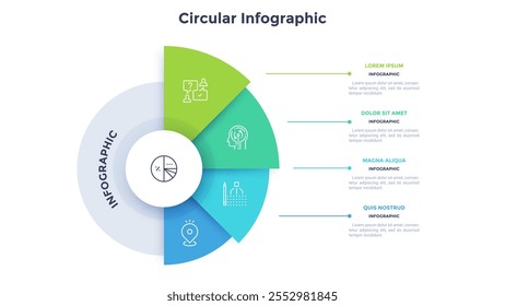 Semicircular pie chart divided into 5 colorful sectors. Concept of five features of startup project to select. Minimal flat infographic vector illustration for business information visualization.