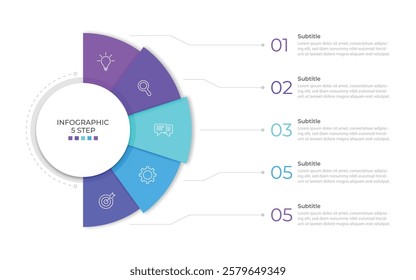 Semicircular pie chart divided into 5 colorful sectors. Concept of five features of startup project to select. Minimal flat infographic vector illustration for business information visualization