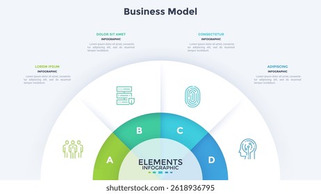 Gráfico de pizza semicircular dividido em 4 setores coloridos. Conceito de quatro recursos do projeto de inicialização a serem selecionados. Ilustração de vetor infográfico plana mínima para visualização de informações de negócios.