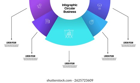 Gráfico de pizza semicircular dividido em 5 setores coloridos. Conceito de cinco recursos do projeto de inicialização a serem selecionados. Ilustração de vetor infográfico plana mínima para visualização de informações de negócios.