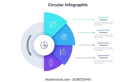 Semicircular pie chart divided into 5 colorful sectors. Concept of five features of startup project to select. Minimal flat infographic vector illustration for business information visualization.