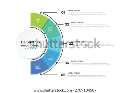 Semicircular pie chart divided into 5 colorful sectors. Concept of five features of startup project to select. Minimal flat infographic vector illustration for business information visualization.
