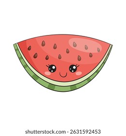 Fatia semicircular de melancia, ilustração kawaii, charmoso personagem doodle, desenhado à mão