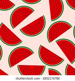 semicircular slices of watermelon are randomly arranged on a light pink background. cute flat design watermelon seamless pattern. vector