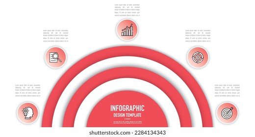 Plantilla o elemento infográfico semicírico de destino con 5 pasos, proceso, opción, capa de círculo 3D de color, mitad, corte de papel, iconos, rojo, blanco, escalón, embudo, diapositiva piramidal para la venta, estilo moderno  