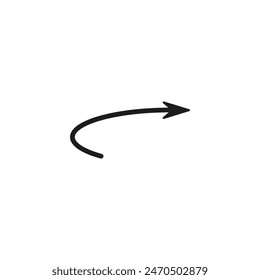 Semicircular thin arrow. Rounded curved shape. The semi circle arrow is moving and flies along a circular trajectory and path. Vector symbol. Isolated Illustration on white background.