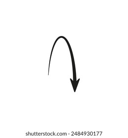 Semicircular thin arrow. Rounded curved shape. The semi circle arrow is moving and flies along a circular trajectory and path. Vector symbol. Isolated Illustration on white background.
