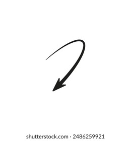 Semicircular thin arrow. Rounded curved shape. The semi circle arrow is moving and flies along a circular trajectory and path. Vector symbol. Isolated Illustration on white background.