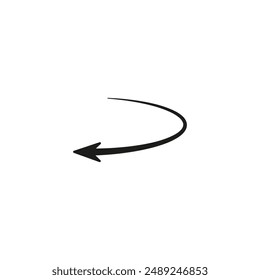 Semicircular thin arrow. Rounded curved shape. The semi circle arrow is moving and flies along a circular trajectory and path. Vector symbol. Isolated Illustration on white background.