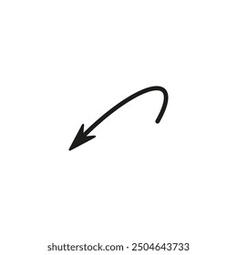 Semicircular thin arrow. Rounded curved shape. The semi circle arrow is moving and flies along a circular trajectory and path. Vector symbol. Isolated Illustration on white background.