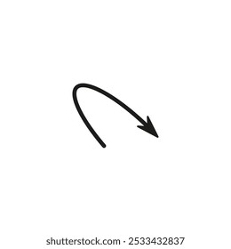 Seta fina semicircular. Forma curva arredondada. A seta semicírculo está se movendo e voa ao longo de uma trajetória e caminho circulares. Símbolo de vetor. Ilustração isolada no plano de fundo branco.