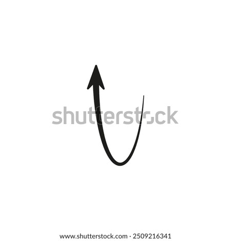 Semicircular thin arrow. Rounded curved shape. The semi circle arrow is moving and flies along a circular trajectory and path. Vector symbol. Isolated Illustration on white background.