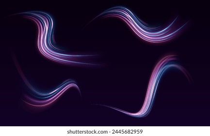 Onda semicircular. Abstractas líneas de luz de movimiento y velocidad en color neón. Rayos láser luminosos abstractos brillantes aislados sobre un fondo transparente. Remolino ligero de la curva del rastro. Luz y rayas