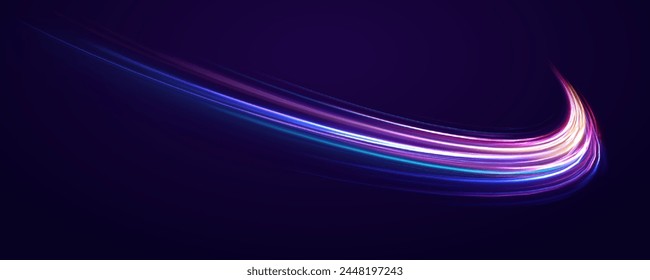 Semicircular wave. Abstract light lines of movement and speed in neon color. Laser beams luminous abstract sparkling isolated on a transparent background. Light trail curve swirl. Light and stripes