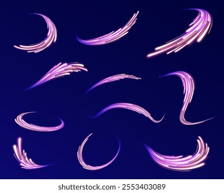 Semicircular wave, light trail curve swirl, incandescent optical fiber vector, png, effect, wave,neon,line. Shiny sparks of spiral wave. Png shine round frame with light circles light effect. 