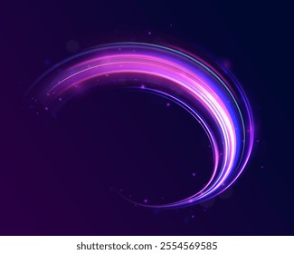 Semicircular wave, light trail curve swirl, incandescent optical fiber vector, png, effect, wave,neon,line. Shiny sparks of spiral wave. Png shine round frame with light circles light effect. 