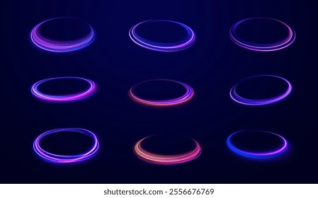 Semicircular wave, light trail curve swirl, incandescent optical fiber vector, png, effect, wave,neon,line. Shiny sparks of spiral wave. Png shine round frame with light circles light effect.
