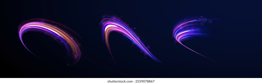 Semicircular wave, light trail curve swirl, incandescent optical fiber vector, png, effect, wave,neon,line. Shiny sparks of spiral wave. Png shine round frame with light circles light effect. 