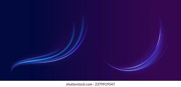 Semicircular wave, light vortex wake. Bright circle. Set of abstract light lines of movement and speed. Light line effect blue neon glow flare wave glowing shiny speed lines effect vector background.