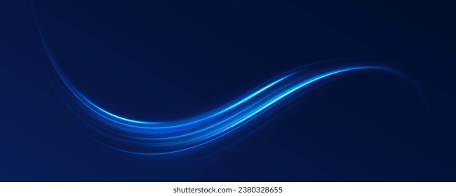 Semicircular wave, light vortex wake. Bright circle. Set of abstract light lines of movement and speed. Light line effect blue neon glow flare wave glowing shiny speed lines effect vector background.