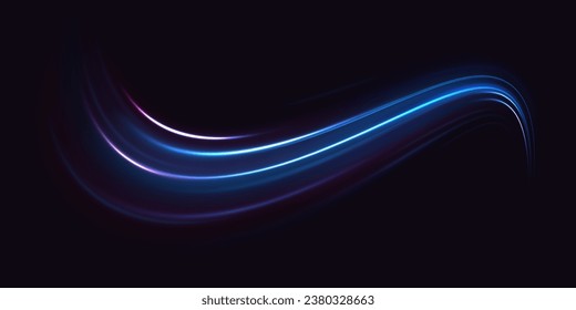 Semicircular wave, light vortex wake. Bright circle. Set of abstract light lines of movement and speed. Light line effect blue neon glow flare wave glowing shiny speed lines effect vector background.