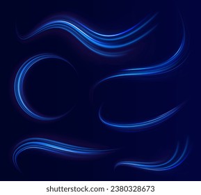 Semicircular wave, light vortex wake. Bright circle. Set of abstract light lines of movement and speed. Light line effect blue neon glow flare wave glowing shiny speed lines effect vector background.