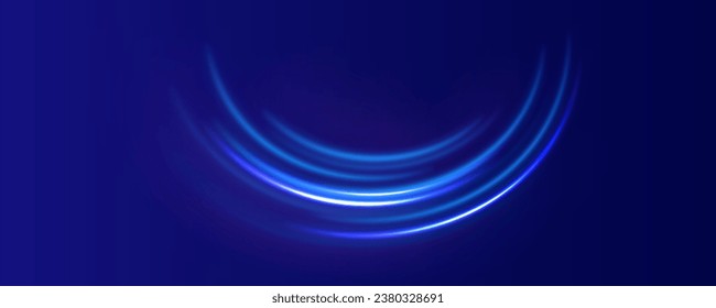 Semicircular wave, light vortex wake. Bright circle. Set of abstract light lines of movement and speed. Light line effect blue neon glow flare wave glowing shiny speed lines effect vector background.