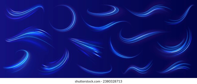 Semicircular wave, light vortex wake. Bright circle. Set of abstract light lines of movement and speed. Light line effect blue neon glow flare wave glowing shiny speed lines effect vector background.