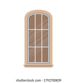 Das halbkreisförmige Fenster ist in einem flachen Stil gehalten. Fenster mit Fensterläden einzeln auf weißem Hintergrund. Vektorgrafik.