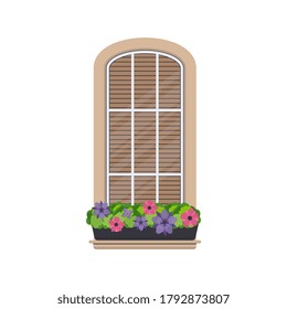 Semicircular window with flowers in a flat style. Window with shutters isolated on a white background. Vector.